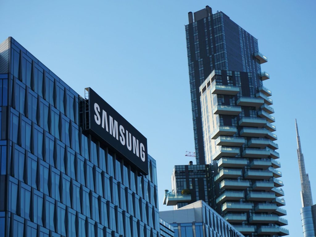 Samsung logo on a building as the company plans to integrate digital twins, AI, and robotics across its manufacturing infrastructure, starting with a new ‘Megafactory’ in partnership with NVIDIA.